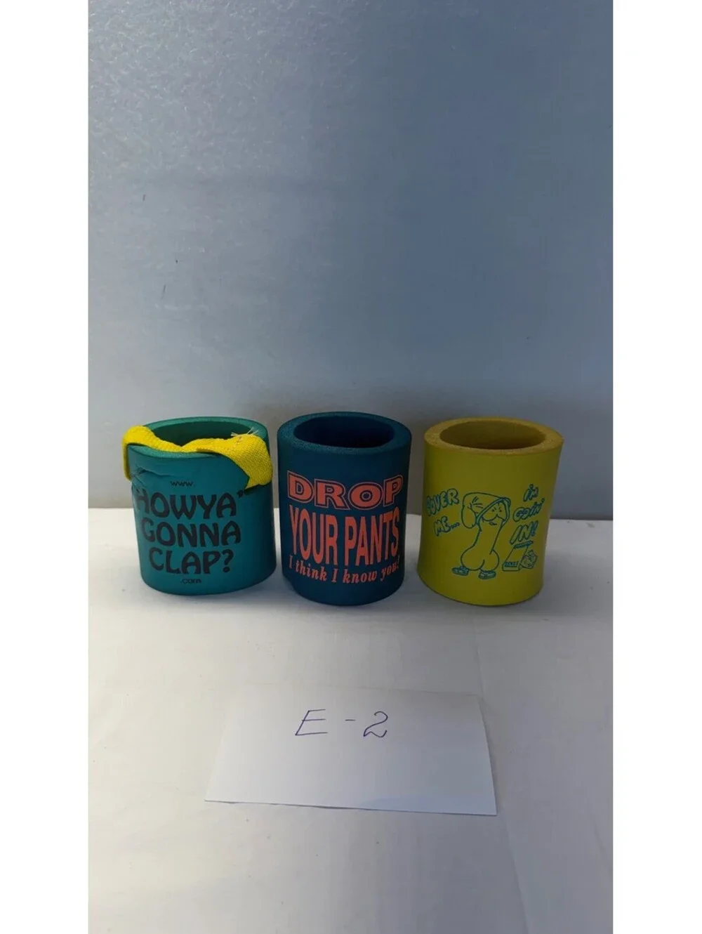 Lot of 3 Novelty Foam Can Coolers Humorous Graphics E-2